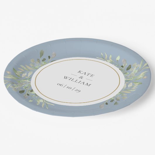 Dusty Blue Greenerity Foliage Wedding Pappteller (Schrägansicht)