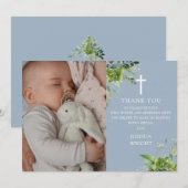 Dusty Blue Greenerity Foto Taufe Christening Dankeskarte (Vorne/Hinten)