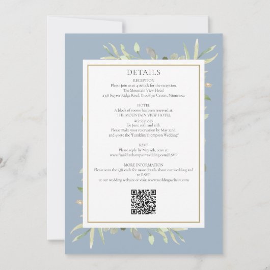 Dusty Blue Greenerity in einem QR Code Wedding Einladung (Rückseite)