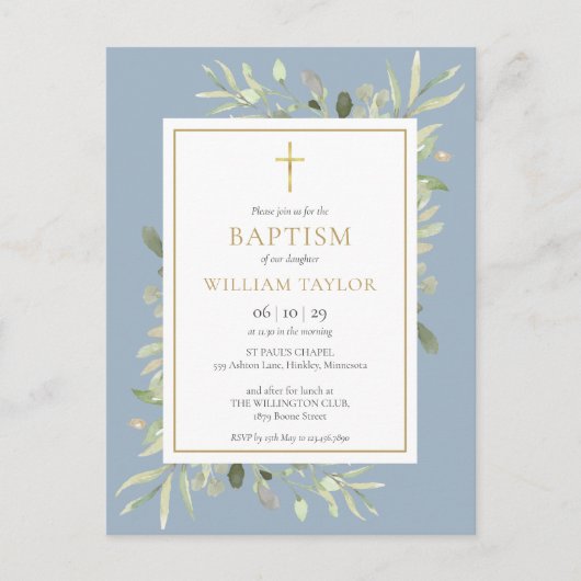 Dusty Blue Greenerity Taufe Christening Einladungspostkarte (Vorderseite)