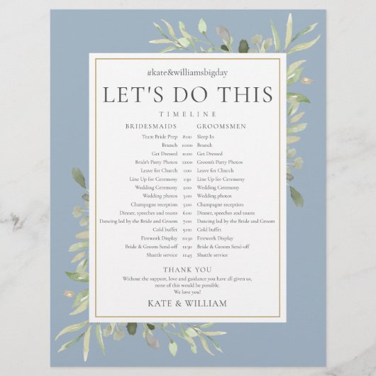 Dusty Blue Greenerity Wedding Zeitplan Timeline (Vorderseite)