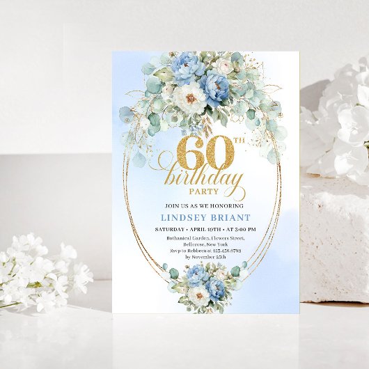 Dusty Blue Greenery 60th Birthday Invitation Einladung