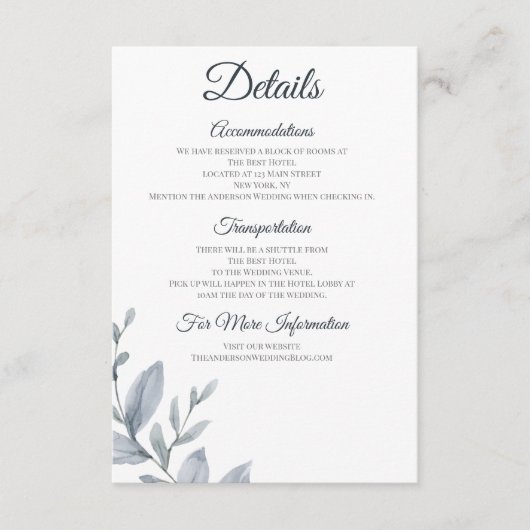 Dusty Blue Greenery Aquarell Unterkünfte Begleitkarte (Vorderseite)