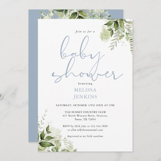 Dusty Blue Greenery Blumenjungen Babydusche Einladung (Vorne/Hinten)