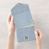 Dusty Blue Greenery Blumenschrift QR Code Wedding All In One Einladung (Abreißen)