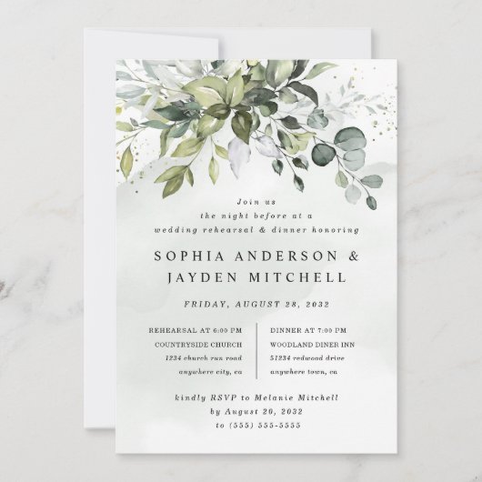 Dusty Blue Greenery Boho Hochzeit Probe Dinner Einladung (Vorderseite)