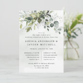 Dusty Blue Greenery Boho Hochzeit Probe Dinner Einladung (Stehend Vorderseite)