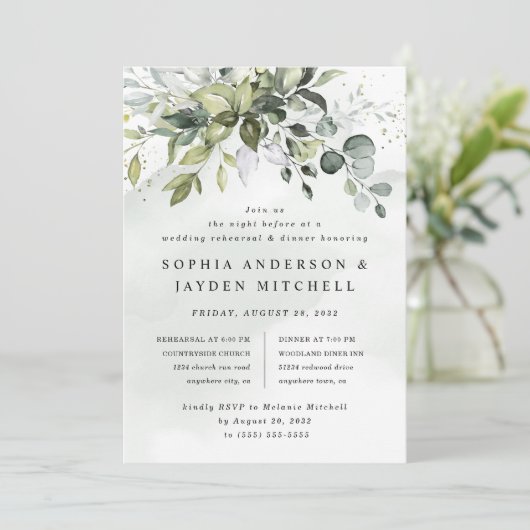Dusty Blue Greenery Boho Hochzeit Probe Dinner Einladung (Stehend Vorderseite)