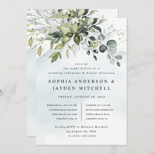 Dusty Blue Greenery Boho Wedding Probe Dinner Einladung (Vorne/Hinten)