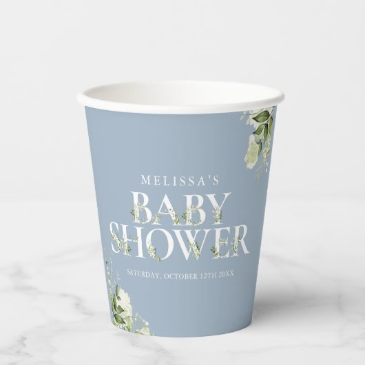 Dusty Blue Greenery Boy Baby Shower Pappbecher (Vorderseite)
