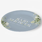 Dusty Blue Greenery Boy Baby Shower Pappteller (Schrägansicht)