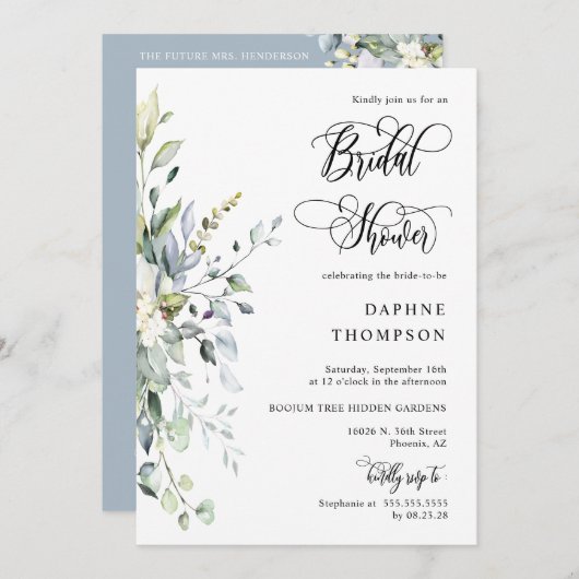 Dusty Blue Greenery Brautparty QR Code Foto Einladung (Vorne/Hinten)