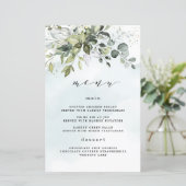 Dusty Blue Greenery Floral Boho Wedding Menu Cards (Stehend Vorderseite)