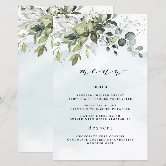 Dusty Blue Greenery Floral Boho Wedding Menu Cards (Vorne/Hinten)