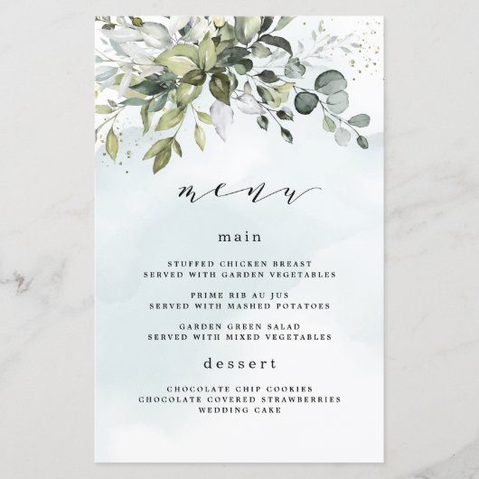 Dusty Blue Greenery Floral Boho Wedding Menu Cards (Vorderseite)