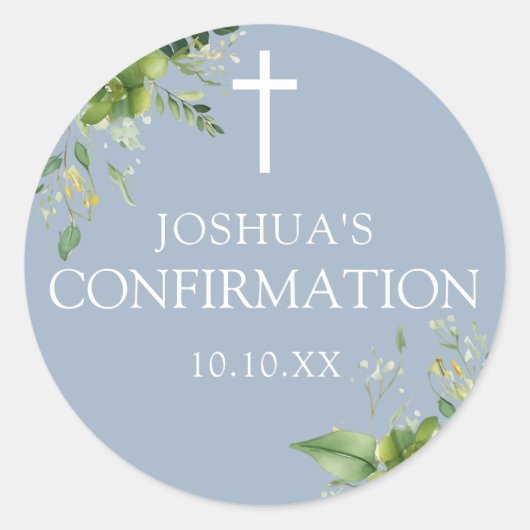 Dusty Blue Greenery Floral Confirmation Fevor Runder Aufkleber (Vorderseite)