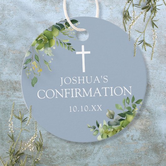 Dusty Blue Greenery Floral Confirmation Geschenkanhänger