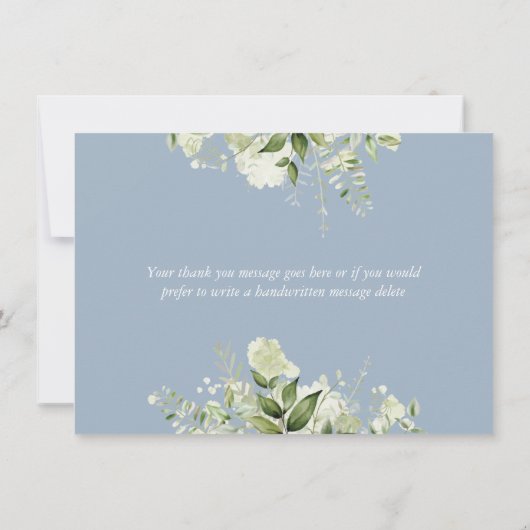 Dusty Blue Greenery Floral Elegantes Skript Herz Dankeskarte (Rückseite)