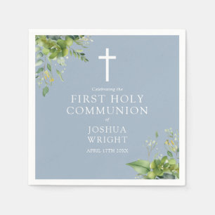 Dusty Blue Greenery Floral First Holy Communion Serviette