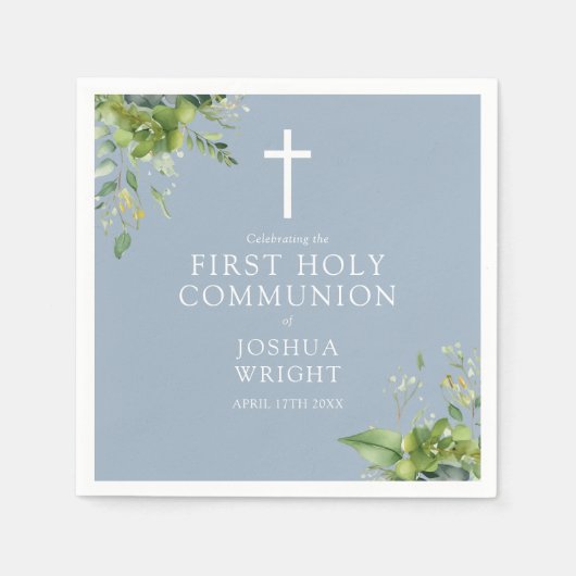 Dusty Blue Greenery Floral First Holy Communion Serviette (Vorderseite)