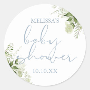 Dusty Blue Greenery Floral Jungen Baby Shower Gesc Runder Aufkleber