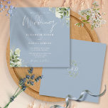 Dusty Blue Greenery Floral Monogram Square Wedding Einladung<br><div class="desc">Dieses elegante botanische Grün verlasse die Einladung zur Hochzeit kann mit Ihren Informationen in chic Typografie personalisiert werden mit Ihren Monogramm Initialen auf der Rückseite. Entwickelt von Thisisnotme©</div>