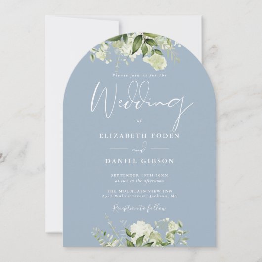 Dusty Blue Greenery Floral Monogram Wedding Arch Einladung (Vorderseite)