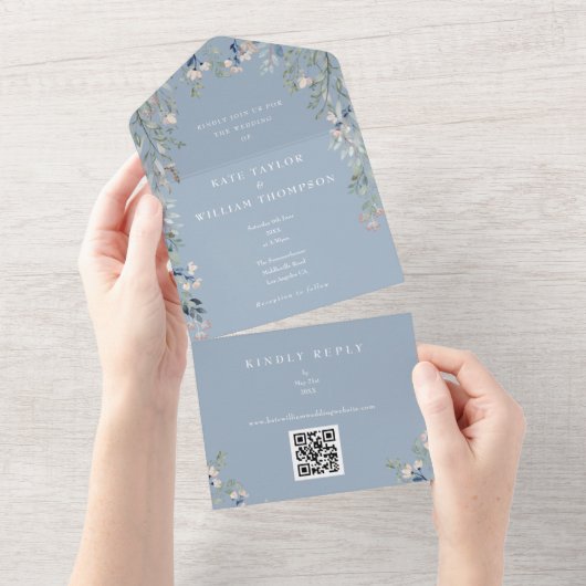 Dusty Blue Greenery Floral QR Code Wedding All In One Einladung (Abreißen)