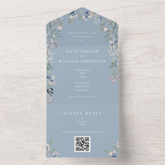 Dusty Blue Greenery Floral QR Code Wedding All In One Einladung (Innen Boden)