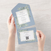 Dusty Blue Greenery Floral QR Code Wedding All In One Einladung (Abreißen)
