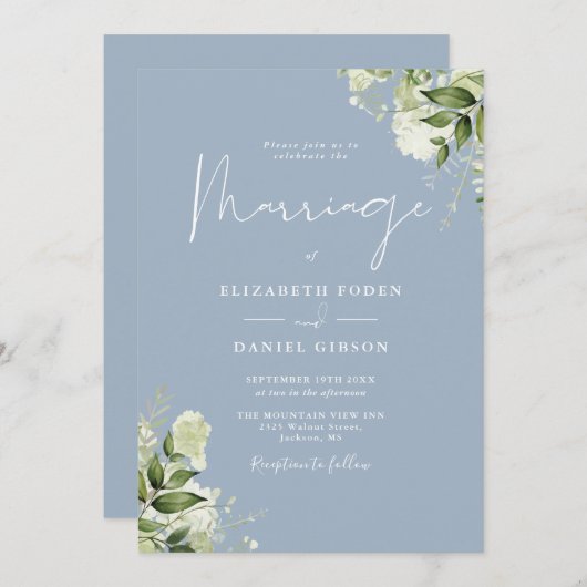 Dusty Blue Greenery Floral QR Code Wedding Einladung (Vorne/Hinten)