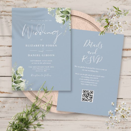 Dusty Blue Greenery Floral QR Code Wedding Einladung