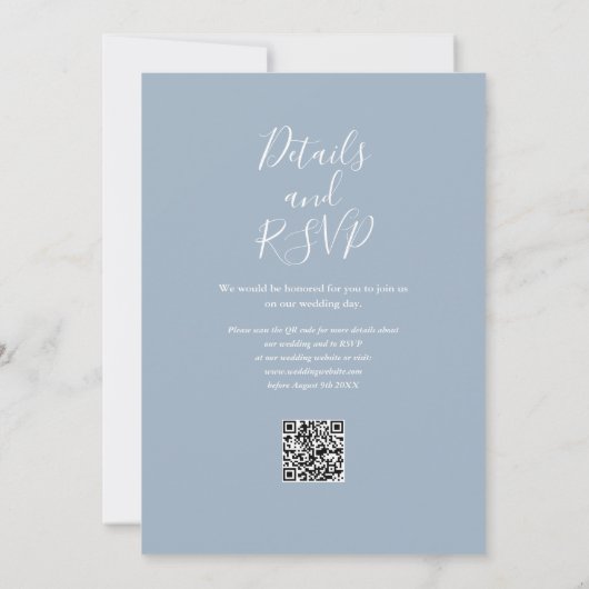 Dusty Blue Greenery Floral QR Code Wedding Einladung (Rückseite)