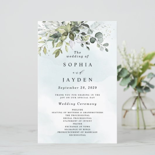 Dusty Blue Greenery Floral Rustic Wedding Programs (Stehend Vorderseite)