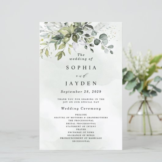 Dusty Blue Greenery Floral Rustic Wedding Programs (Stehend Vorderseite)