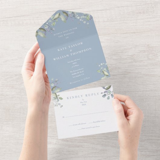 Dusty Blue Greenery Floral Wedding All In One Einladung (Abreißen)