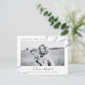 Dusty Blue Greenery Foto ändern das Datum Postkarte (Stehend Vorderseite)