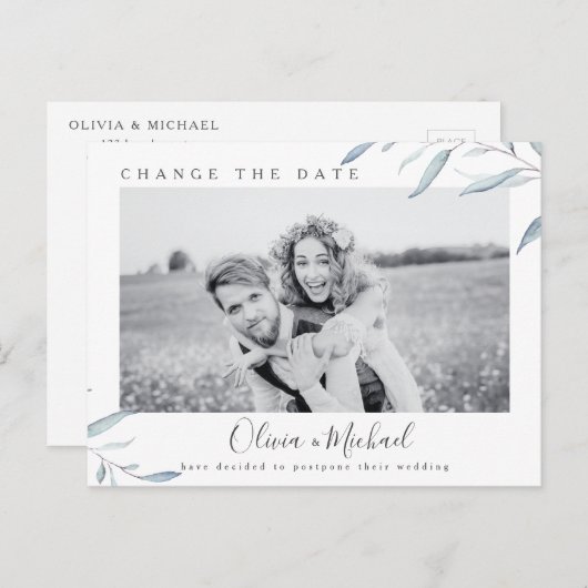 Dusty Blue Greenery Foto ändern das Datum Postkarte (Vorne/Hinten)