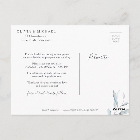 Dusty Blue Greenery Foto ändern das Datum Postkarte (Rückseite)