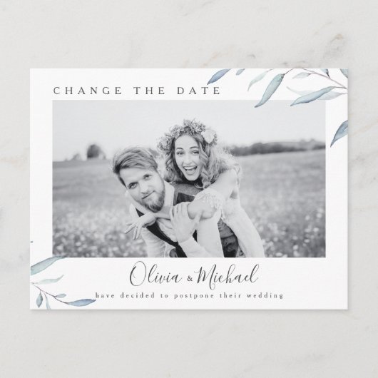 Dusty Blue Greenery Foto ändern das Datum Postkarte (Vorderseite)