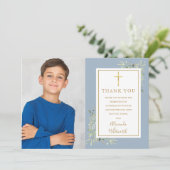 Dusty Blue Greenery Foto Bestätigung Dankeskarte (Stehend Vorderseite)