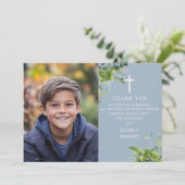 Dusty Blue Greenery Foto Erste Heilige Kommunion Dankeskarte (Stehend Vorderseite)