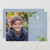 Dusty Blue Greenery Foto Erste Heilige Kommunion Dankeskarte (Vorne/Hinten)