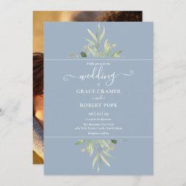 Dusty Blue Greenery Foto Gold Script Wedding Einladung