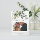 Dusty Blue Greenery Foto Wedding Save the Date Postkarte (Stehend Vorderseite)