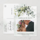 Dusty Blue Greenery Foto Wedding Save the Date Postkarte (Vorne/Hinten)