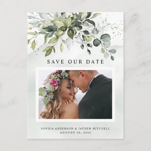 Dusty Blue Greenery Foto Wedding Save the Date Postkarte (Vorderseite)
