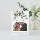Dusty Blue Greenery Foto Wedding Save the Date Postkarte (Stehend Vorderseite)
