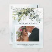 Dusty Blue Greenery Foto Wedding Save the Date Postkarte (Vorne/Hinten)
