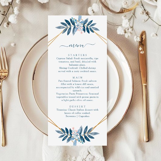 Dusty Blue Greenery Geometric Modern Wedding Menükarte